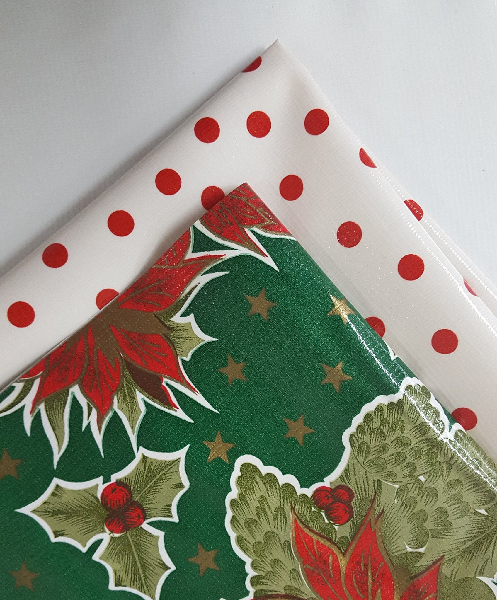 OilclothByTheYard.com Christmas Placemat Kit in Stars on green and dot red oilcloth