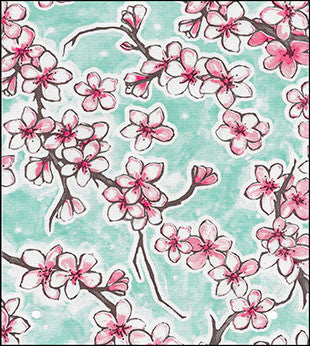 Cherry Blossom Aqua Oilcloth – Oilcloth By The Yard | The Oilcloth Experts