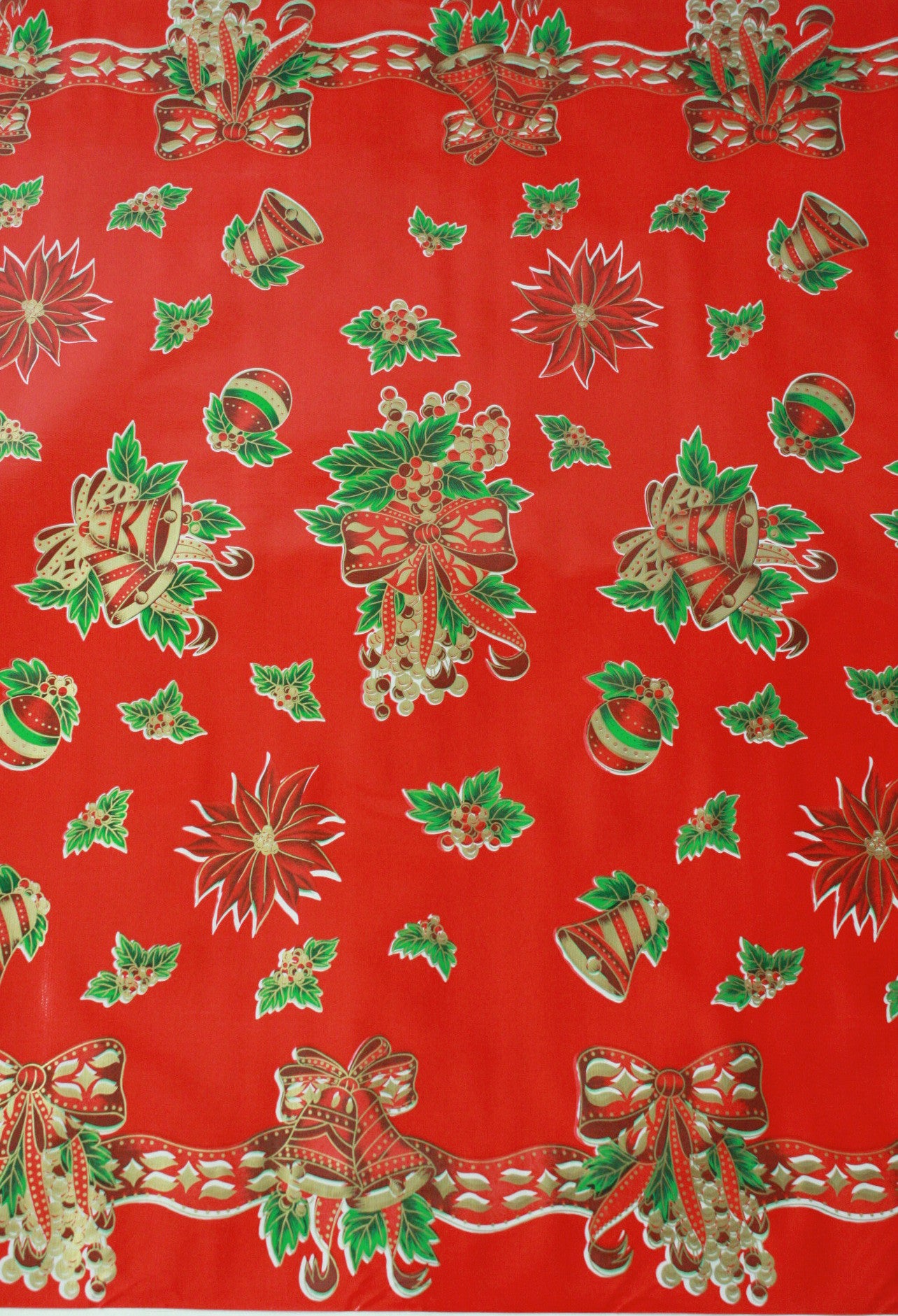 oilcloth by the yard christmas bells and bows red swatch