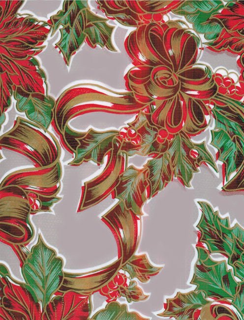 Christmas Ribbons & Holly on Silver oilcloth 