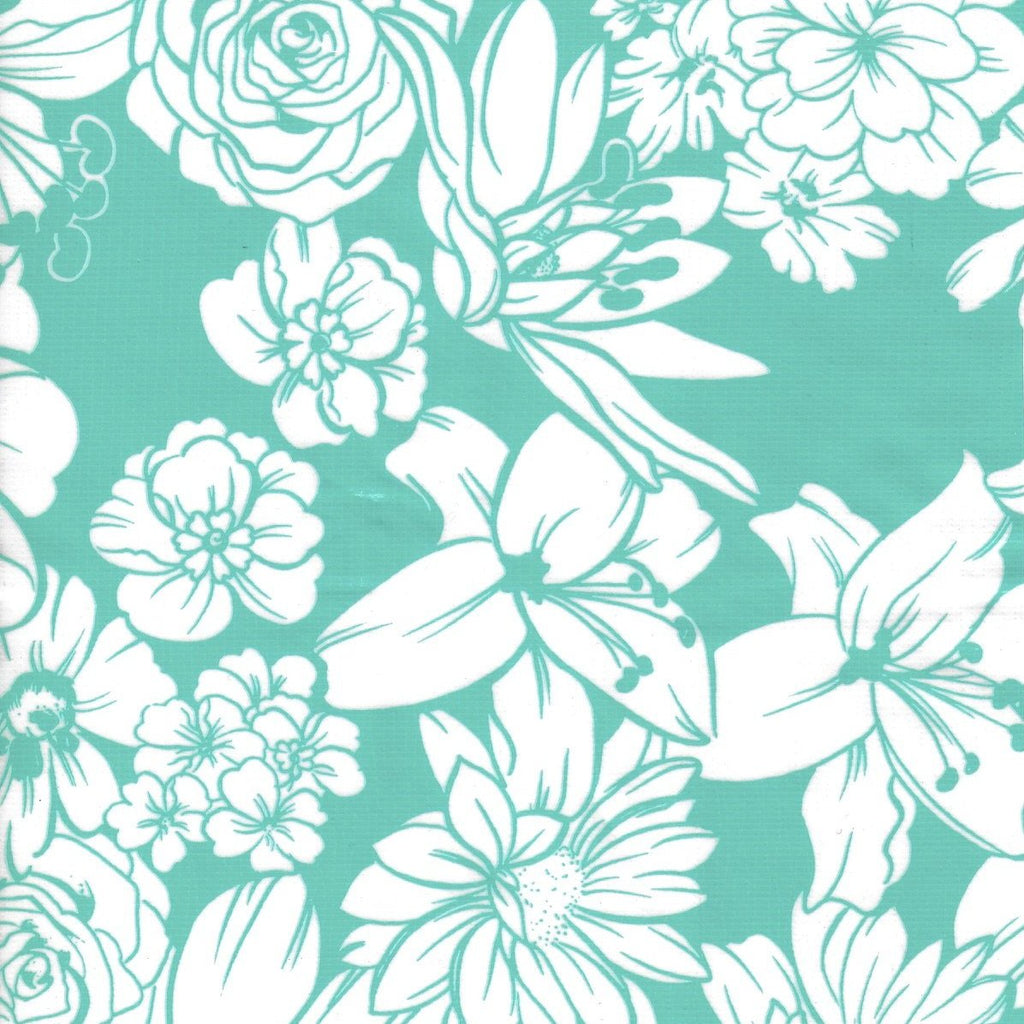 Chelsea Flowers on Aqua – Oilcloth By The Yard | The Oilcloth Experts