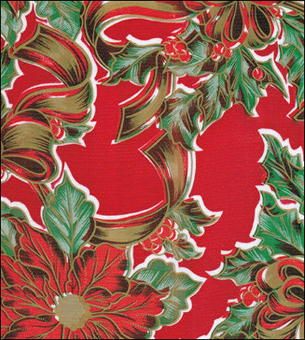 oilcloth by the yard christmas ribbons and holly red swatch 2